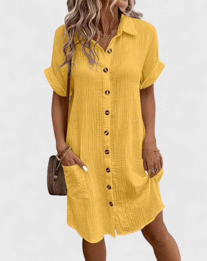 Arabella Winslow | Yellow Button-Down Short Sleeve Mini Shirt Dress