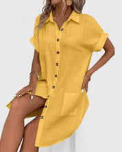 Arabella Winslow | Yellow Button-Down Short Sleeve Mini Shirt Dress