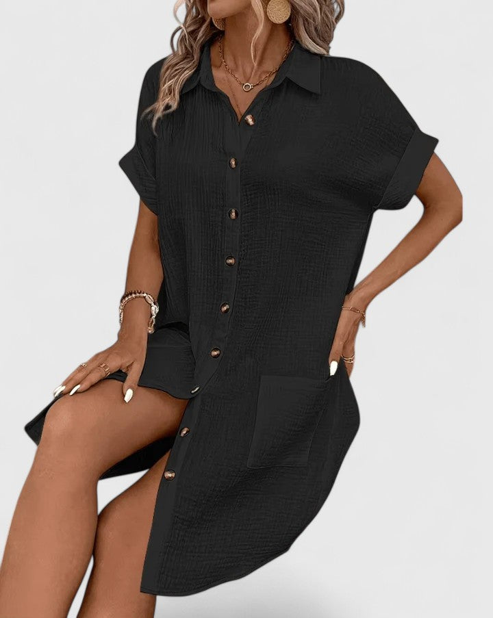 Arabella Winslow | Yellow Button-Down Short Sleeve Mini Shirt Dress