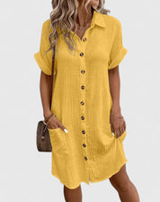 Arabella Winslow | Yellow Button-Down Short Sleeve Mini Shirt Dress