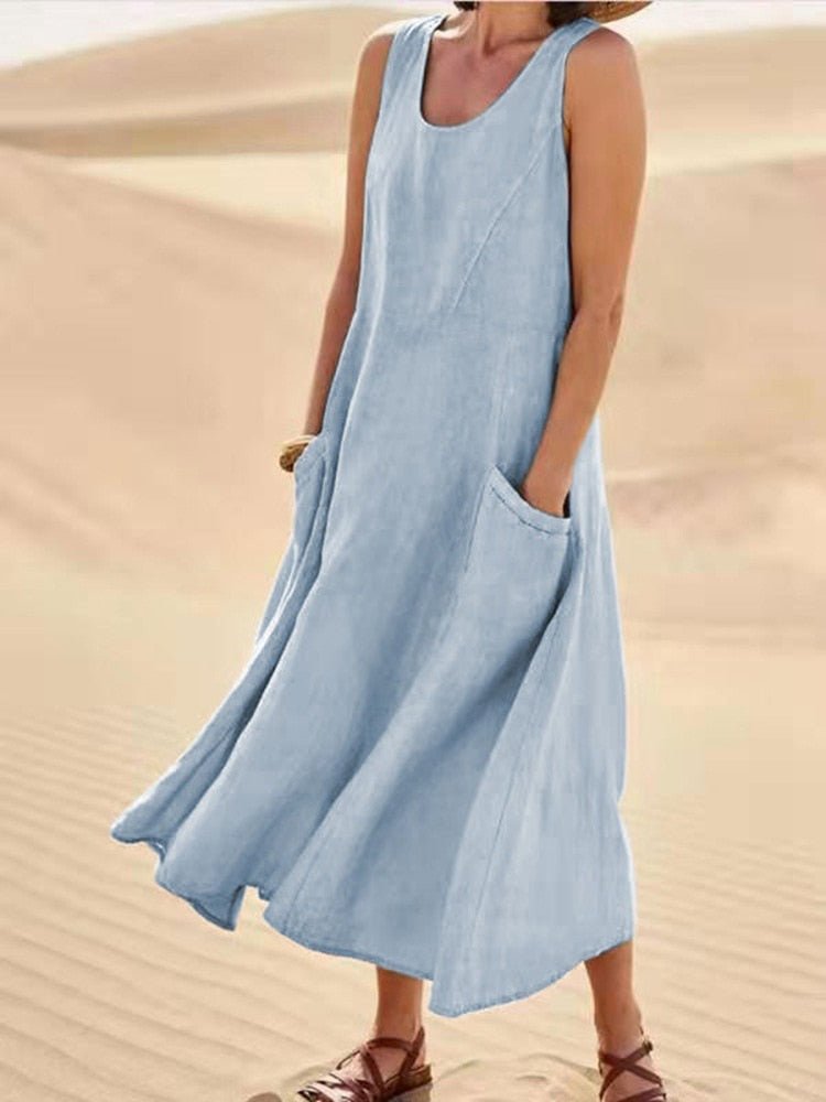 Marguerite Vosclaire | Sleeveless Linen Maxi Dress with Pockets