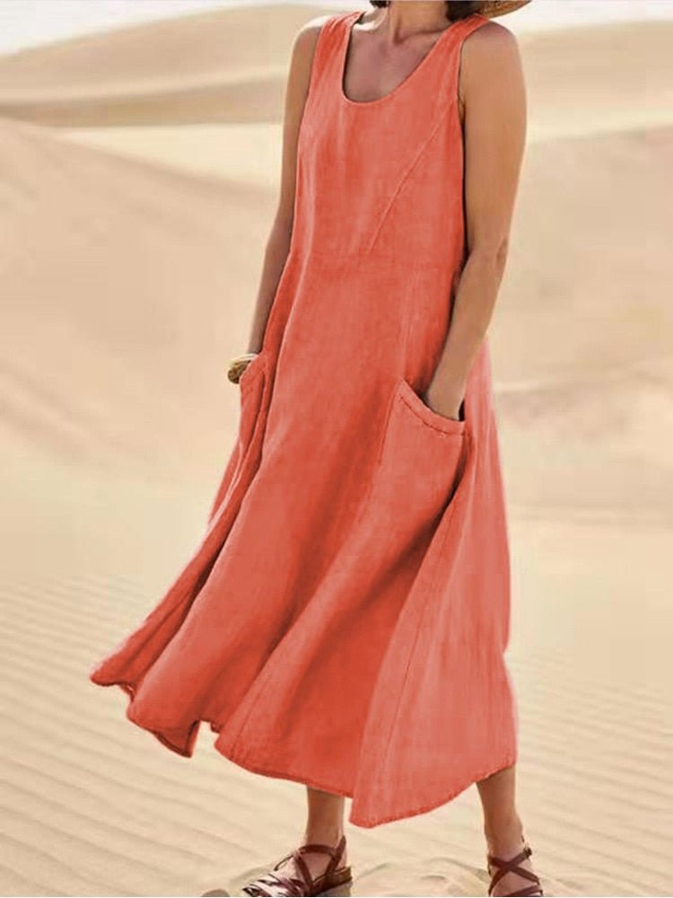 Marguerite Vosclaire | Sleeveless Linen Maxi Dress with Pockets