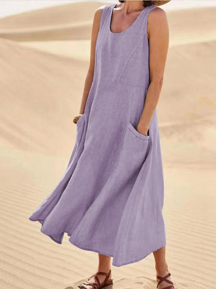 Marguerite Vosclaire | Sleeveless Linen Maxi Dress with Pockets