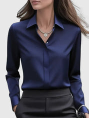 Vivienne Hartwell | Navy Blue Satin Long-Sleeve Button-Down Shirt