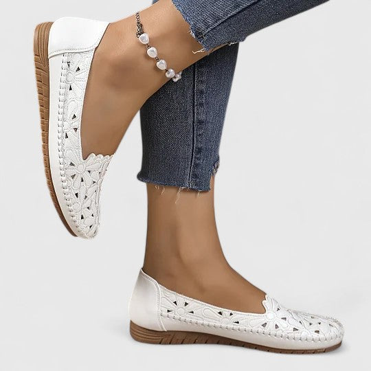 Celestine Fairvaux | White Hollow-Cut Slip-On Flat Loafers