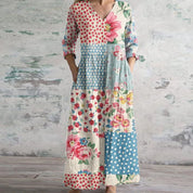 Fleurdelise Ashgrove | Floral Patchwork Maxi Dress with V-Neck