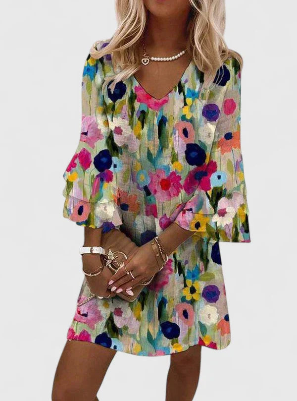 Aurelia Wentbourne | Floral Print V-Neck Mini Dress with Ruffle Sleeves