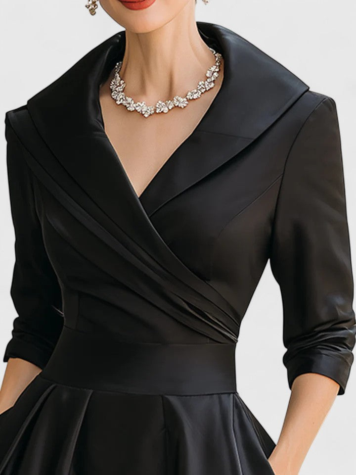 Nicolette Valmonde | Black A-Line Midi Dress with 3/4 Sleeves