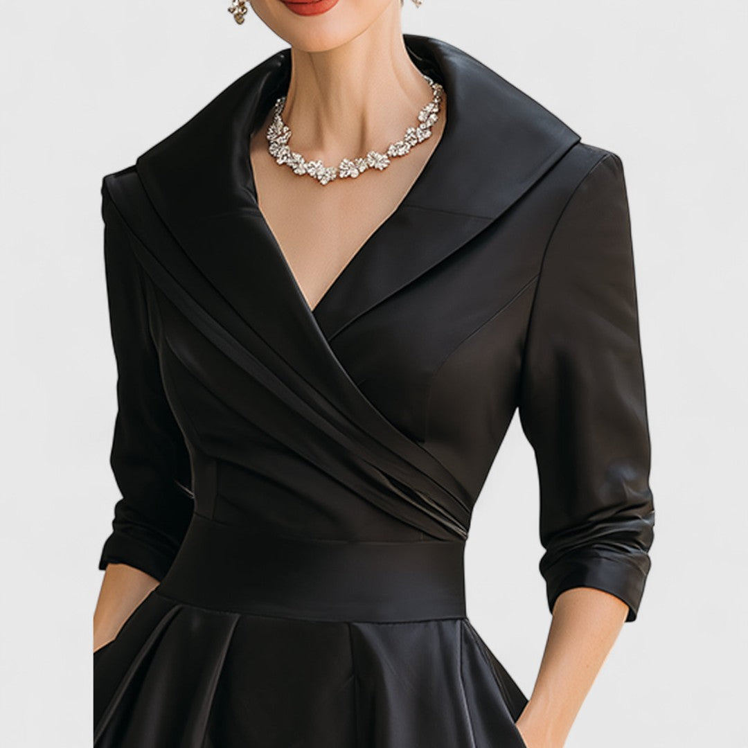 Genevra Elsinore | Navy Blue A-Line Midi Dress with 3/4 Sleeves