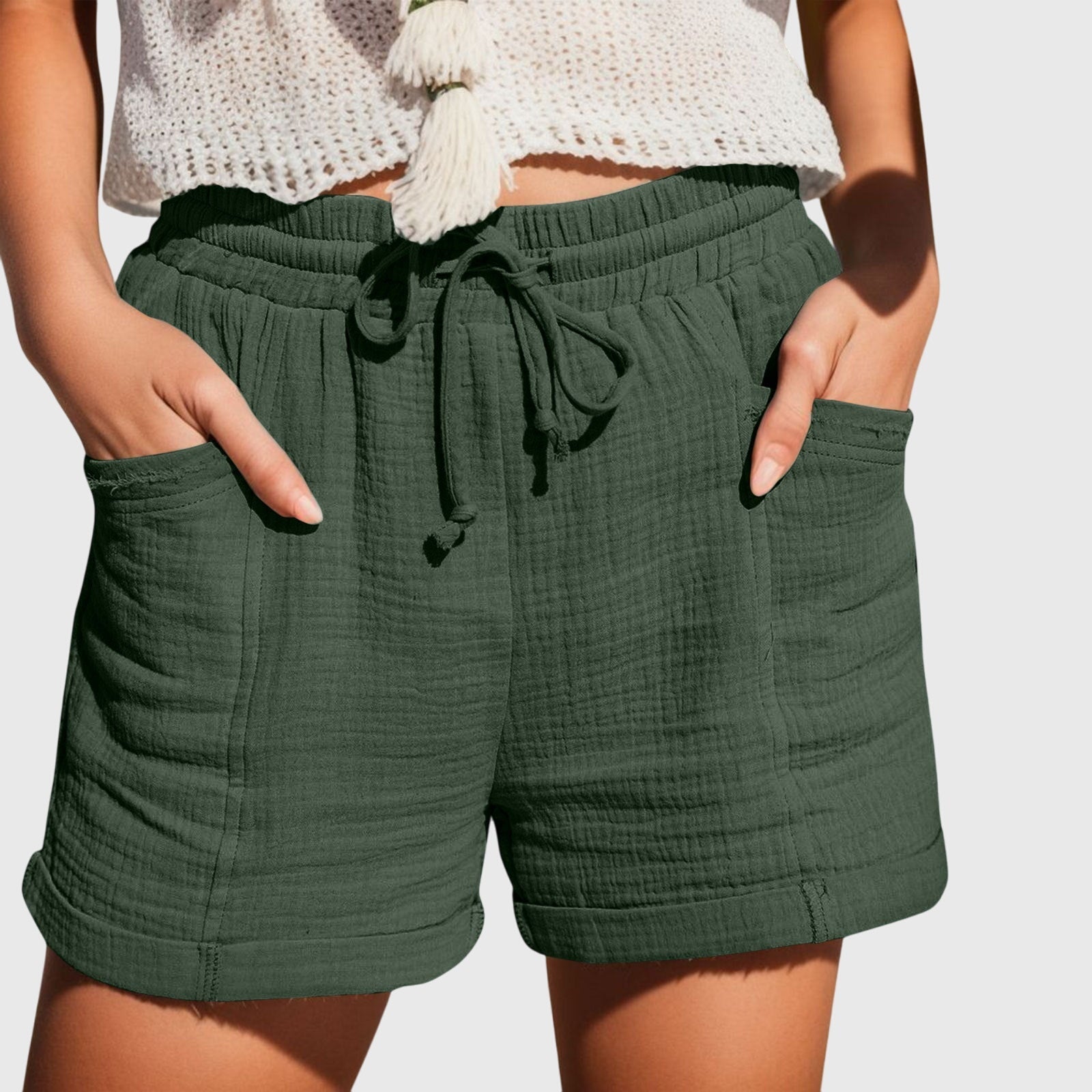 Améline Chartreuse | Cotton Gauze Drawstring Shorts in Khaki