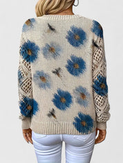 Rosalinde Fonteclair | Floral Knit V-Neck Sweater with Lace Sleeves