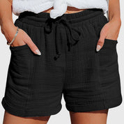 Améline Chartreuse | Cotton Gauze Drawstring Shorts in Khaki