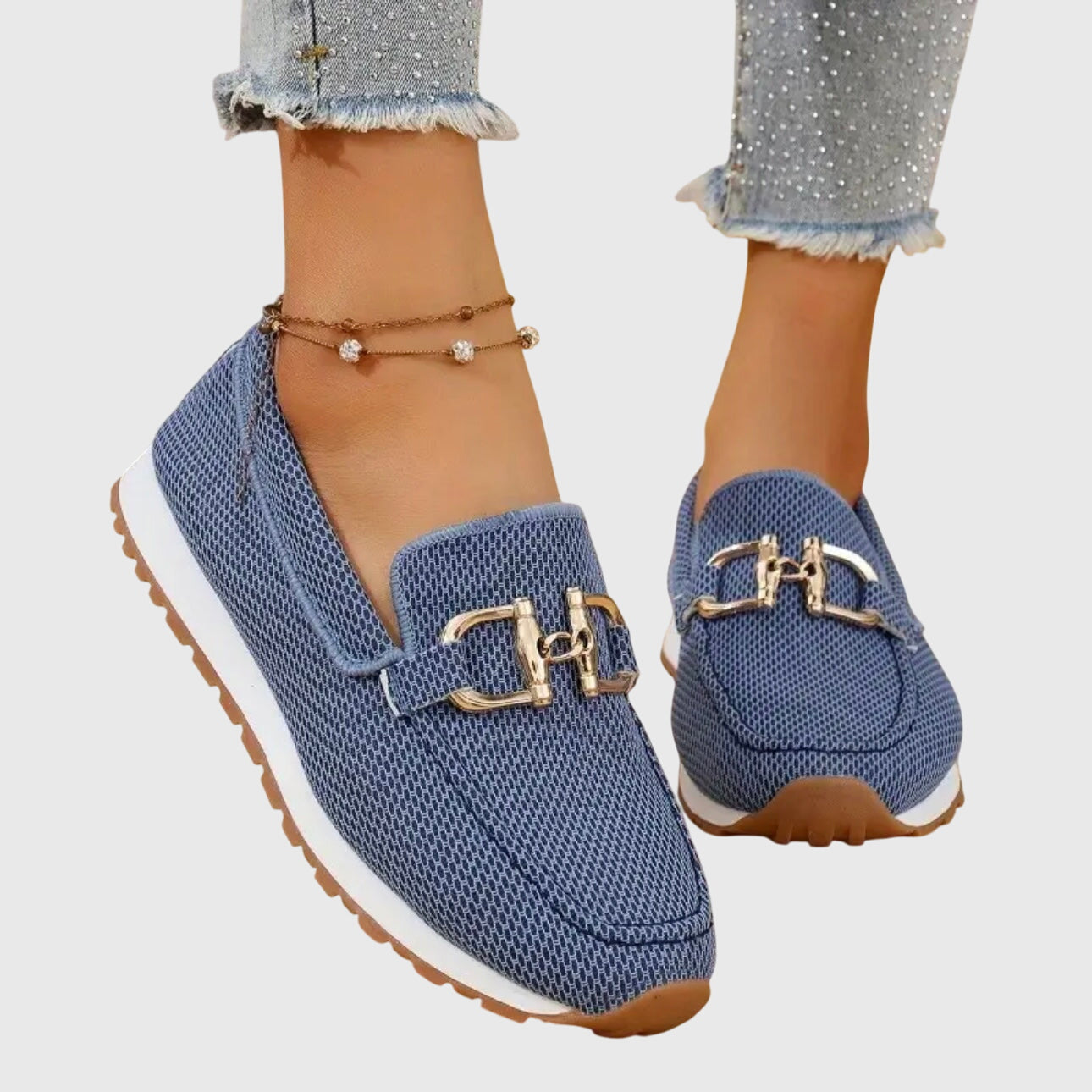 Seraphelle Dunbridge | Beige Mesh Slip-On Loafer Sneaker with Gold Horsebit