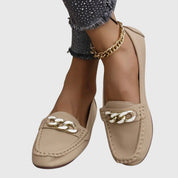 Camille Beaudreau | White Flat Loafers with Gold Chain Detail