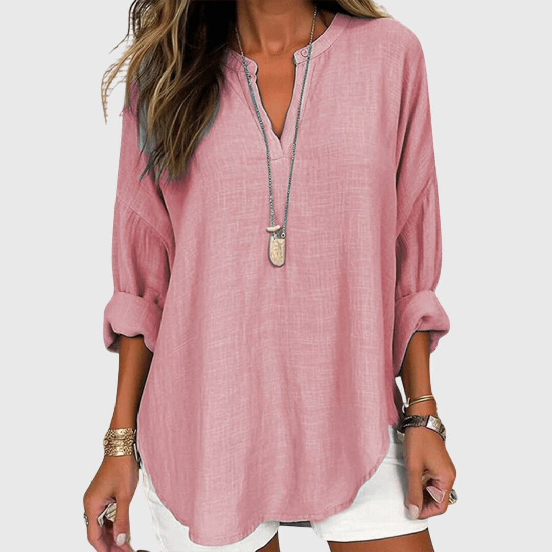 Auriane Bellsworth | Flowy Light Blue Linen V-Neck Shirt