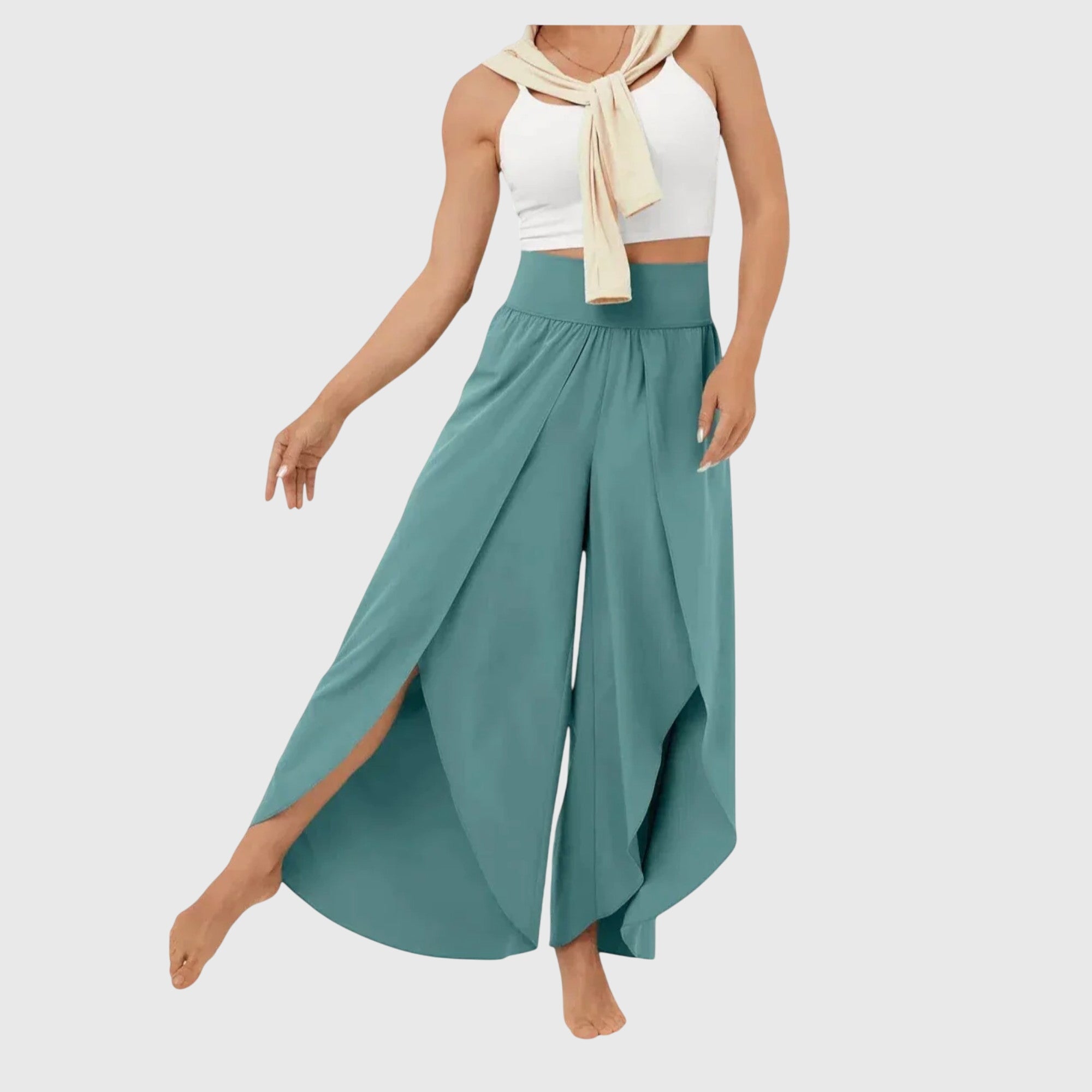 Colette Deveraux | Teal Wide-Leg Split Pants with High Waist