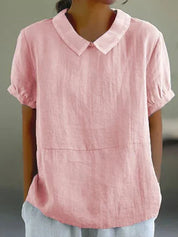 Roseline Hartbourne | Sky Blue Peter Pan Collar Linen-Look Top