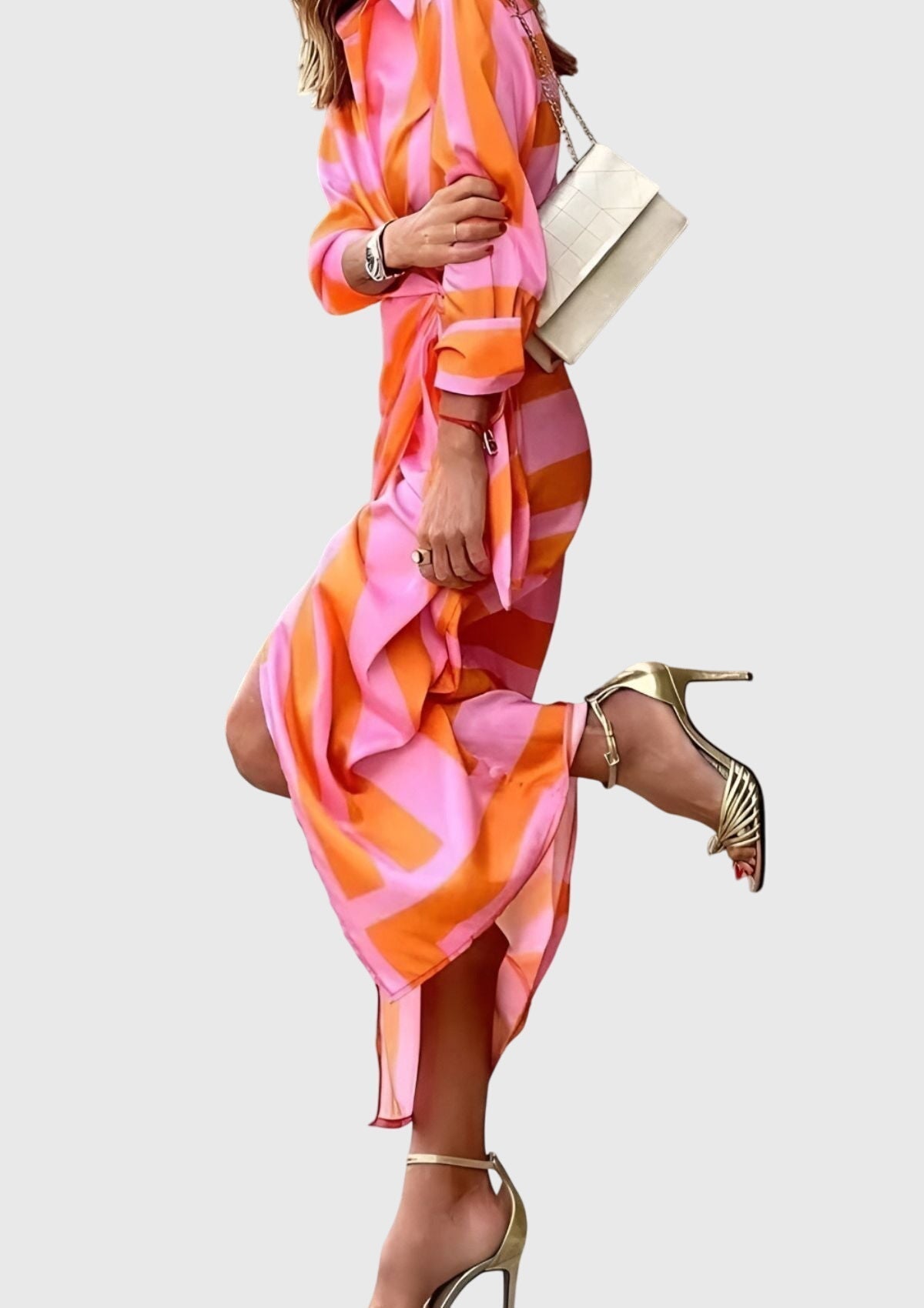 Delphine Vauclaire | Orange & Pink Geometric Print Wrap Midi Dress