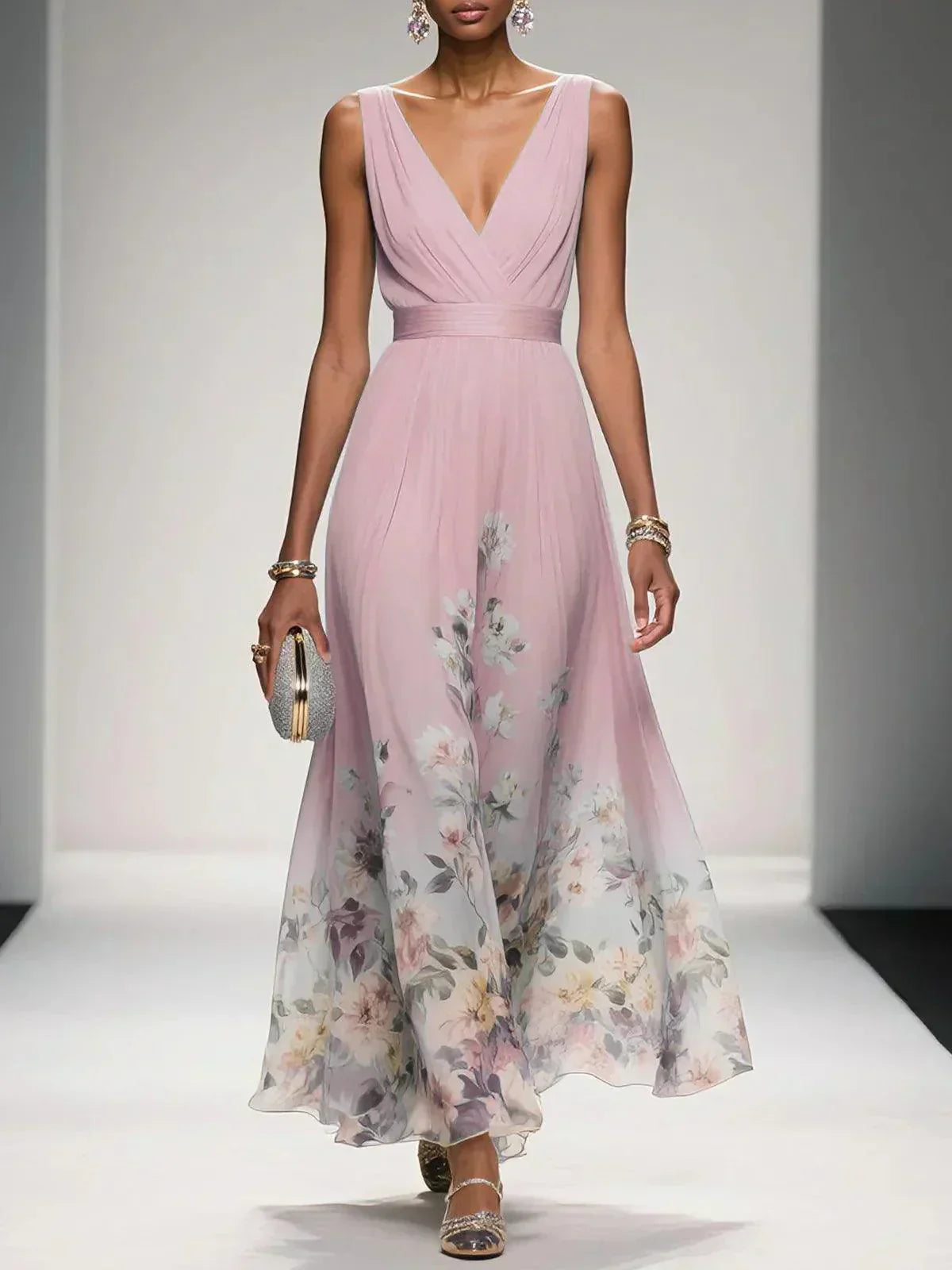 Celestine Dawnmore | Light Blue Floral Maxi V-Neck Dress