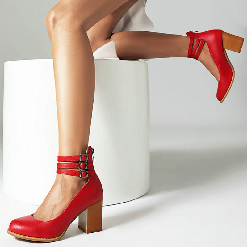 Mathilde Renoncourt | Tan Block Heel Sandal with Double Ankle Strap
