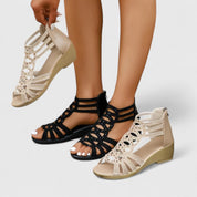Elara Montveil | Rhinestone Gladiator Wedge Sandals in Beige