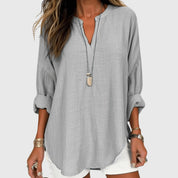 Auriane Bellsworth | Flowy Light Blue Linen V-Neck Shirt