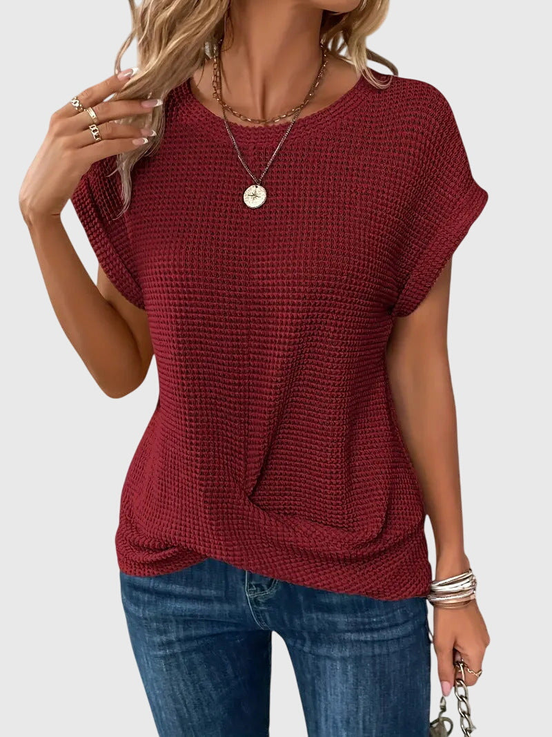 Thalia Wentmore | Rust Orange Waffle Knit Crew Neck Blouse
