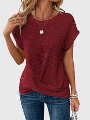 Thalia Wentmore | Rust Orange Waffle Knit Crew Neck Blouse