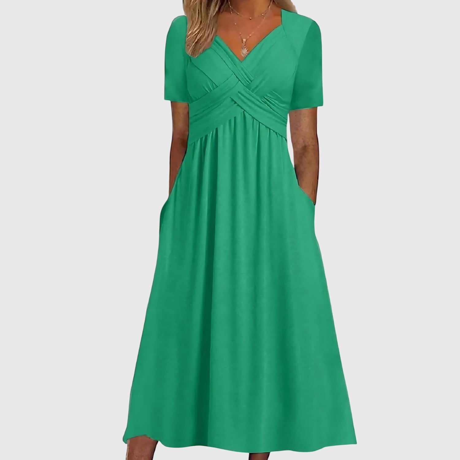 Maricel Ashbourne | Blue V-Neck Midi Dress with Tummy Control