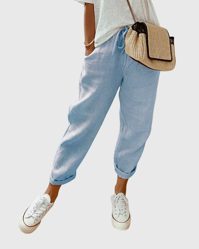 Odeline Vanthorpe | High Waist Linen Drawstring Pants in Beige