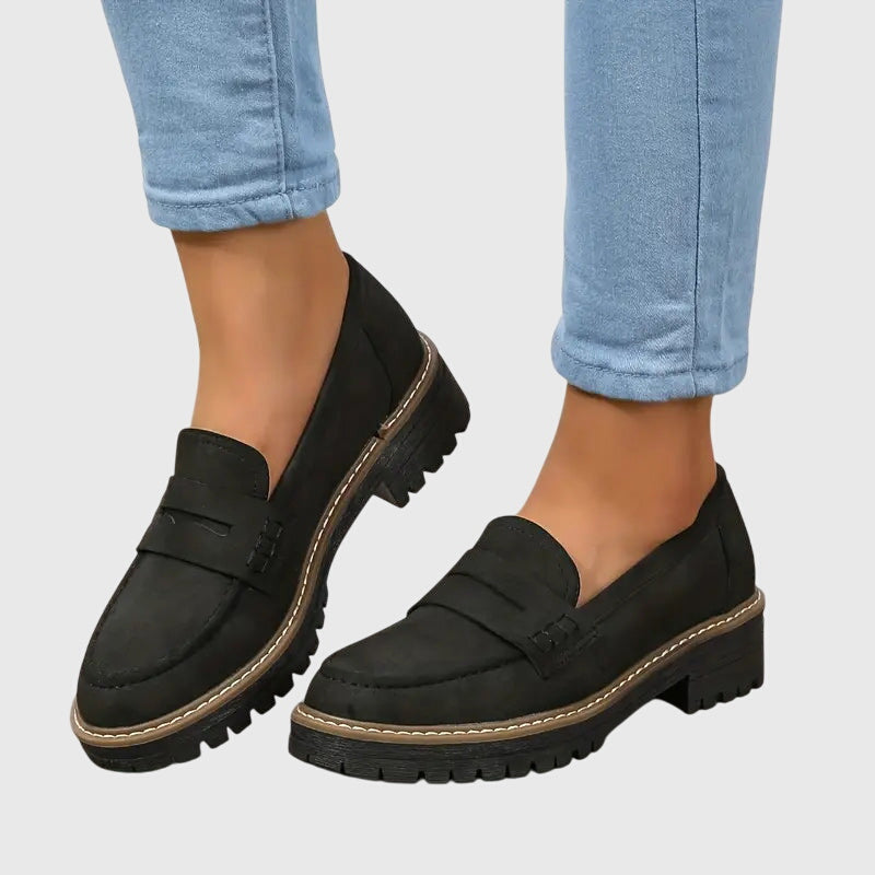 Portia Ellsworth | Black Suede Platform Penny Loafers