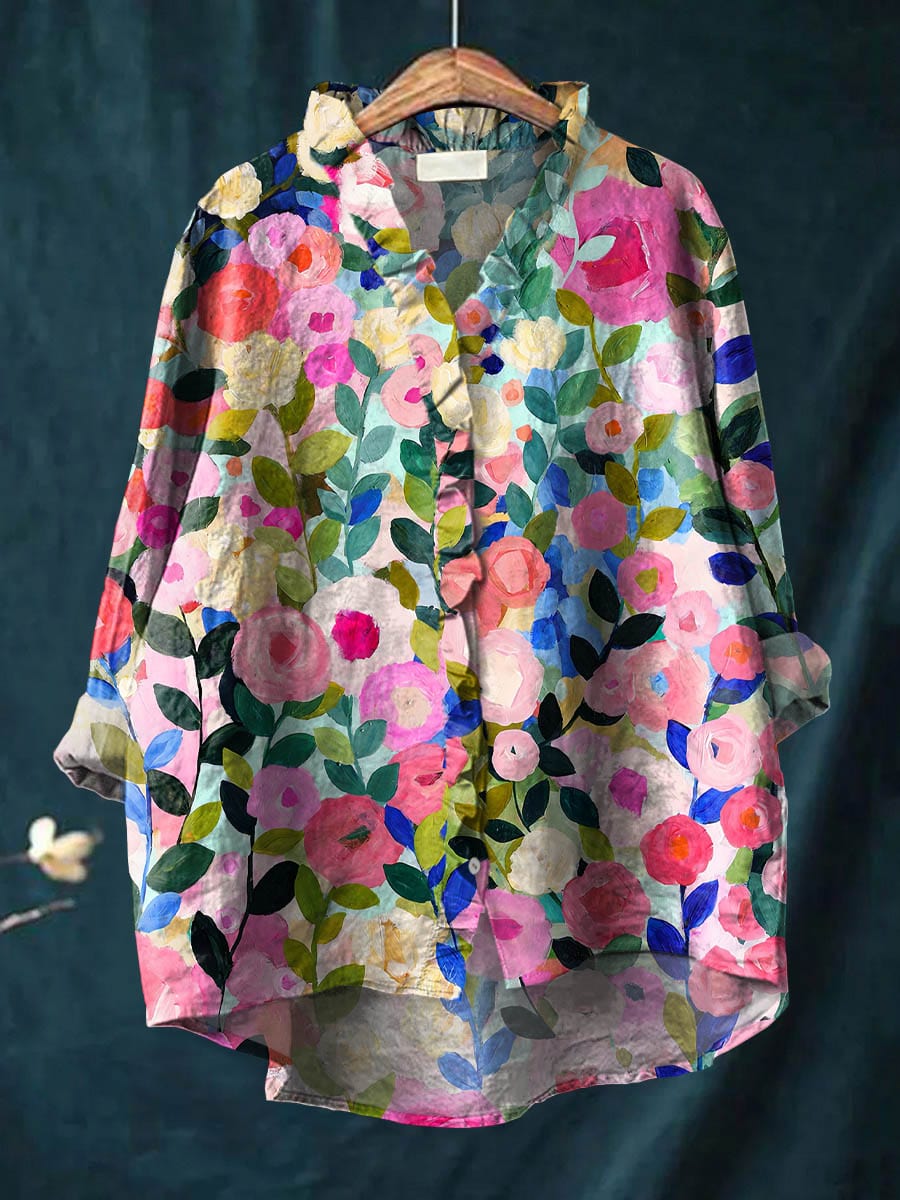 Celestine Hartwell | Floral Print V-Neck Blouse with Ruffled Neckline