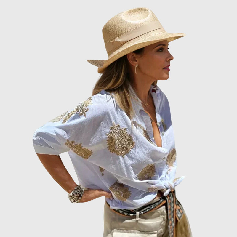 Vivienne Alençon | White Gold Embroidered Button-Up Blouse