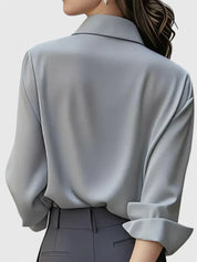 Vivienne Hartwell | Navy Blue Satin Long-Sleeve Button-Down Shirt