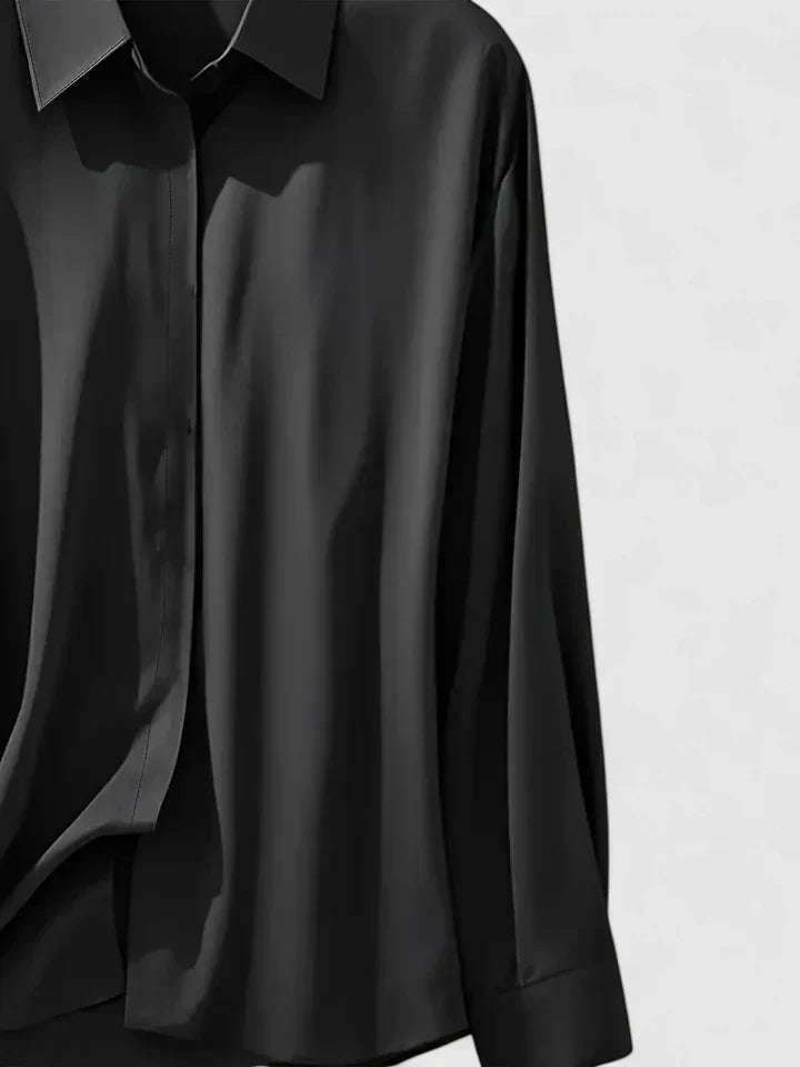 Vivienne Hartwell | Navy Blue Satin Long-Sleeve Button-Down Shirt