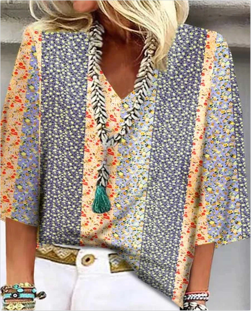 Elaine Vossberg | Ditsy Floral Patchwork V-Neck 3/4 Sleeve Top