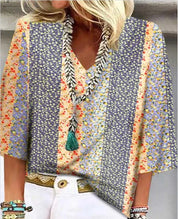 Elaine Vossberg | Ditsy Floral Patchwork V-Neck 3/4 Sleeve Top