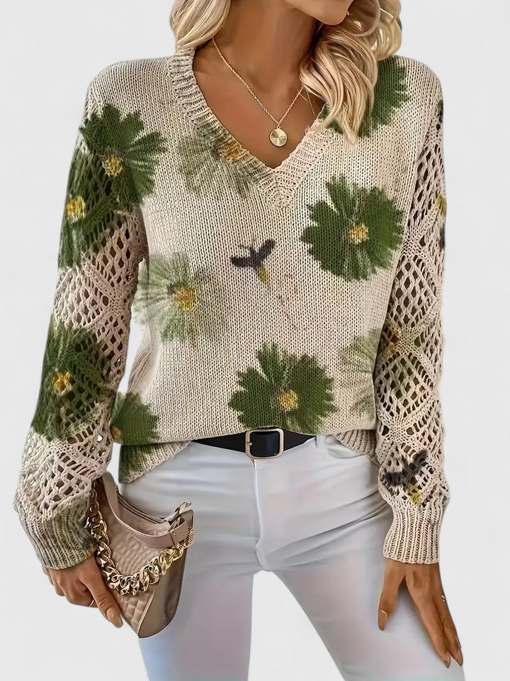 Rosalinde Fonteclair | Floral Knit V-Neck Sweater with Lace Sleeves