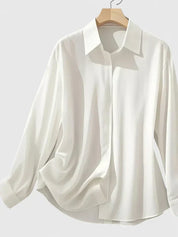 Vivienne Hartwell | Navy Blue Satin Long-Sleeve Button-Down Shirt