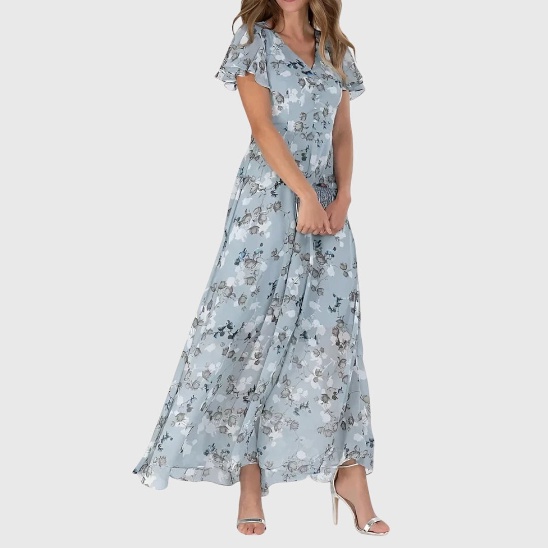 Rosalinda Vaumont | Peach Floral Maxi Dress with Flutter Sleeves