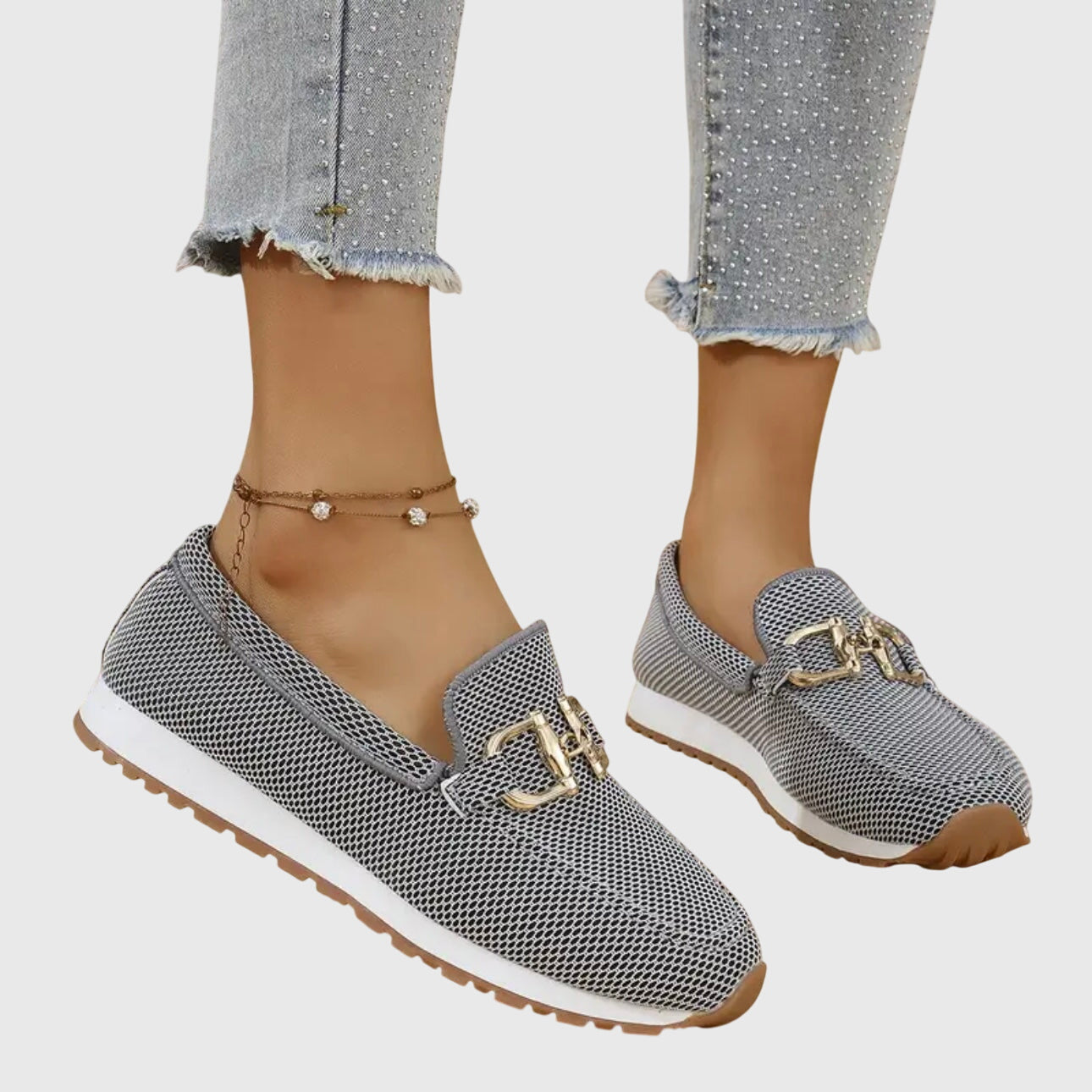 Seraphelle Dunbridge | Beige Mesh Slip-On Loafer Sneaker with Gold Horsebit