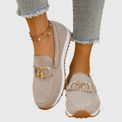 Seraphelle Dunbridge | Beige Mesh Slip-On Loafer Sneaker with Gold Horsebit