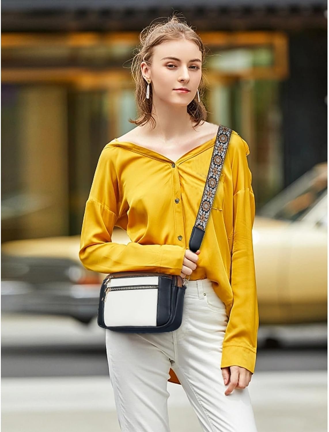Henriette Beausoleil | White Leather Crossbody Bag with Floral Strap