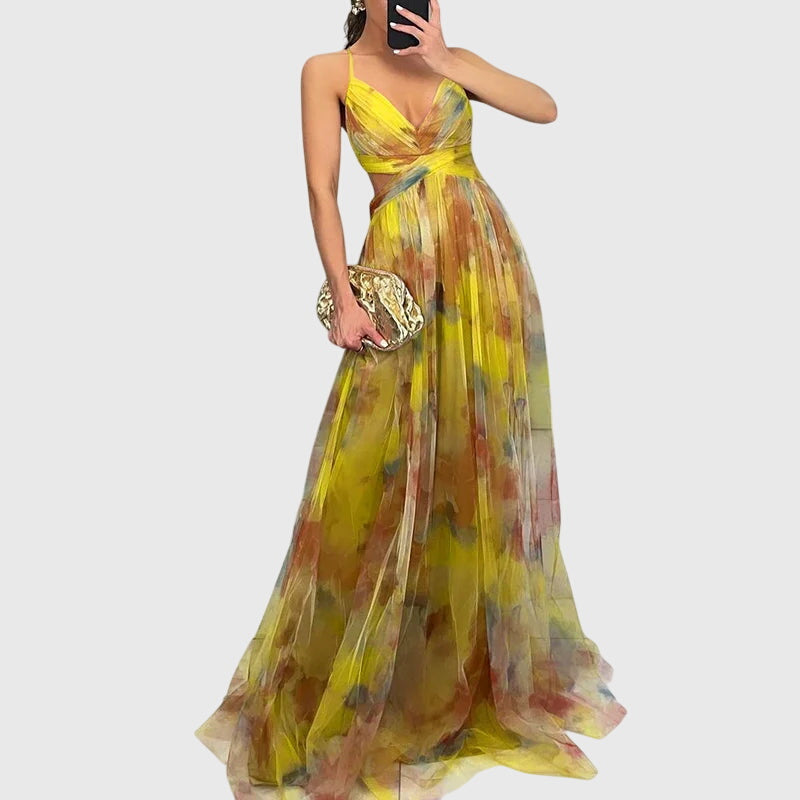 Elowen Faircourt | Floral Print Maxi Dress with Crisscross Straps