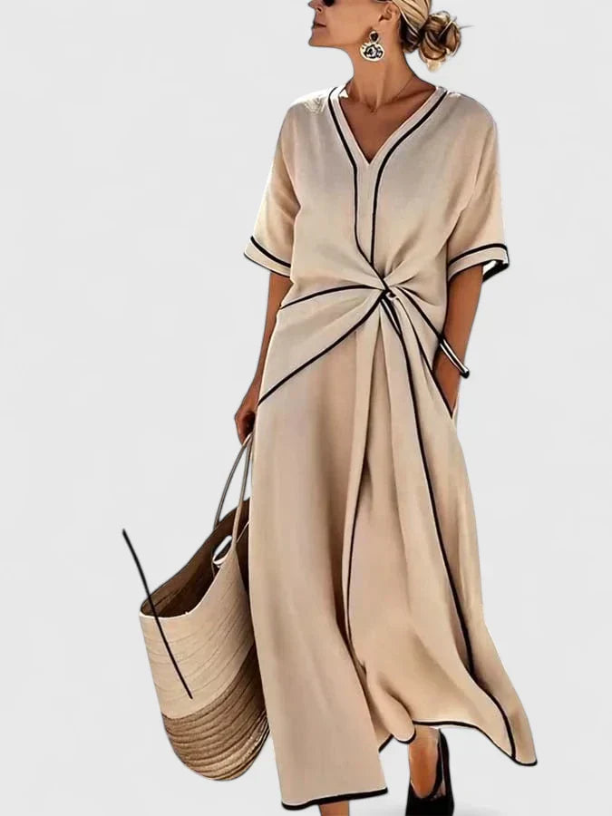 Colette Vauclaire | Beige V-Neck Twist Waist Maxi Dress