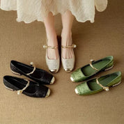 Celestine Ashvale | Green Pearl Strap Mary Jane Low Block Heel