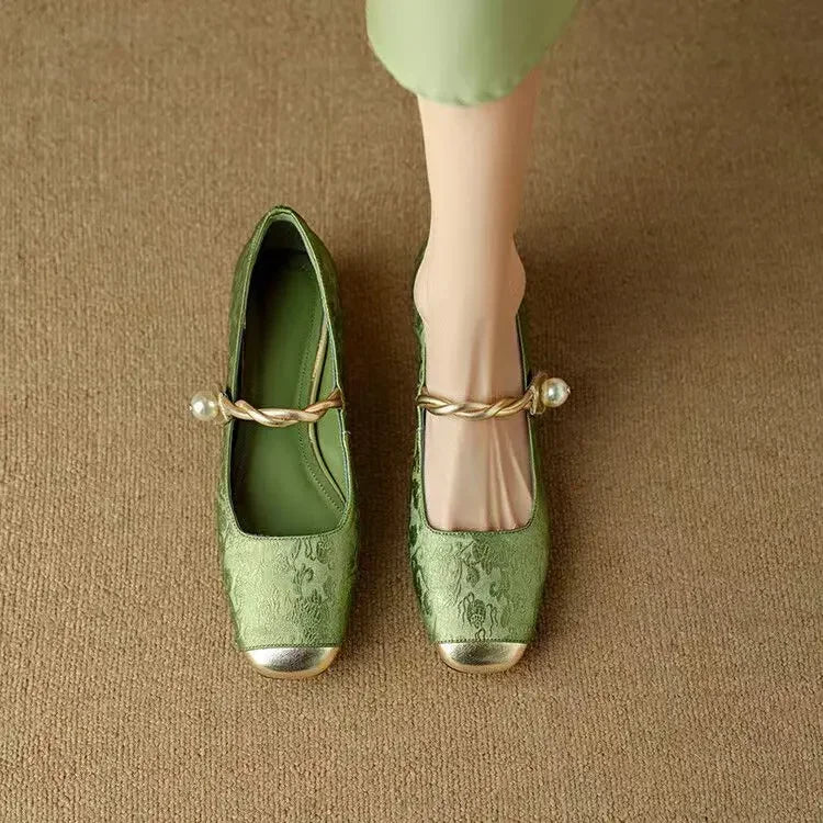Celestine Ashvale | Green Pearl Strap Mary Jane Low Block Heel
