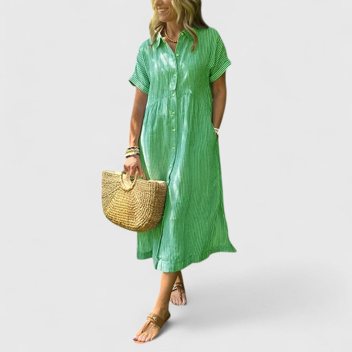 Marisol Cleverton | Blue Striped Linen Midi Shirt Dress