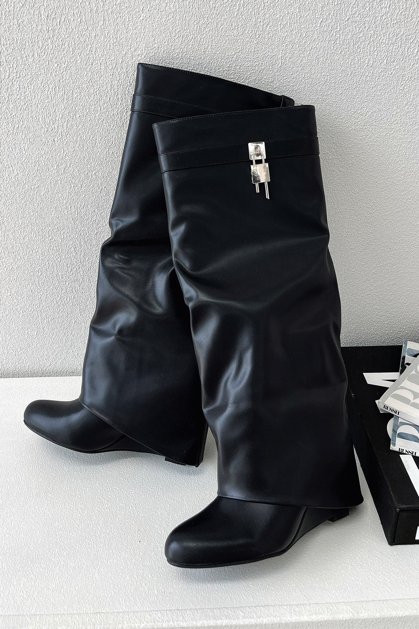Ophelia Marchmont | Women's Black Faux Leather Knee-High Boots