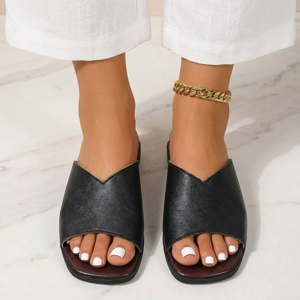 Séraphine Dawnbury | Black Flat Open-Toe Slide Sandals